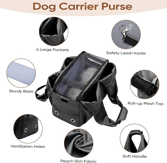 Dog Purse Carrier for Small Dogs, Cats, and Puppies – Soft-Sided Travel Pet Tote Bag with 4 Large Pockets, Foldable, Lightweight, Fits Pets up to 15 lbs, for Travel, Outings (Black)-PurrikoPets