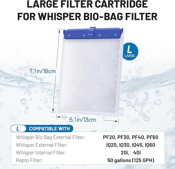8 Count Large Filter Cartridges Compatible with Whisper Bio Bag Filters, Large Aquarium Filter Cartridge for Whisper 20i 40i, IQ20/30/45/60, PF20/30/40/60 and Repto Filter-PurrikoPets