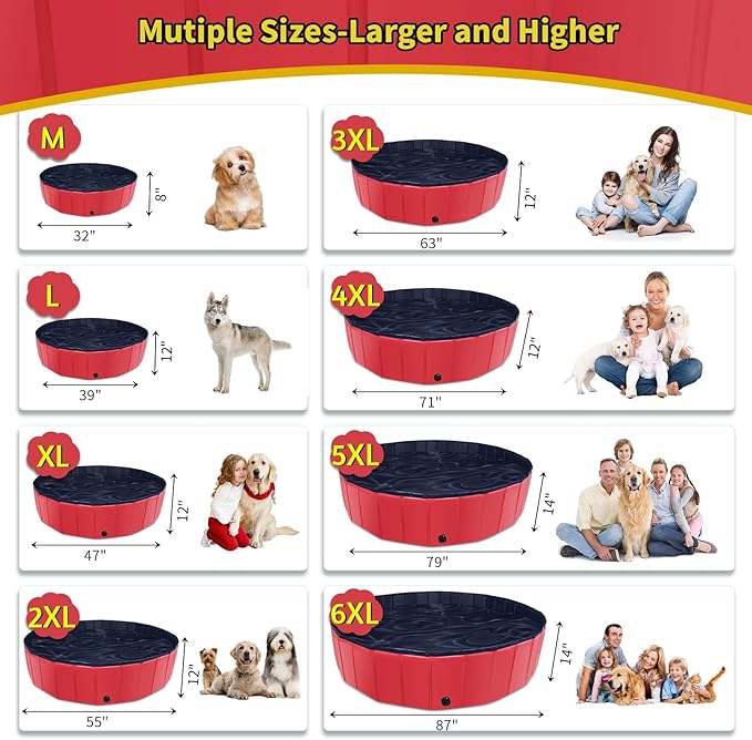 Foldable Dog Pool, 39" x 12" Kiddie Pool with Hard Plastic, Non-Slip Dog Bath Tub for Outdoor Backyard, Collapsible Dog Swimming Pool for Kids Dogs Pets (Red)-PurrikoPets
