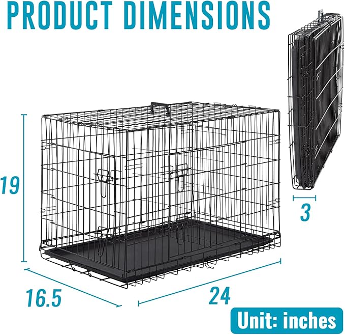 FDW Dog Crate for Small Dogs 24 Inch Folding Metal WirePet Cage Double Door W/Divider Panel Indoor Outdoor Kennel Leak-Proof Plastic Tray,Black-PurrikoPets