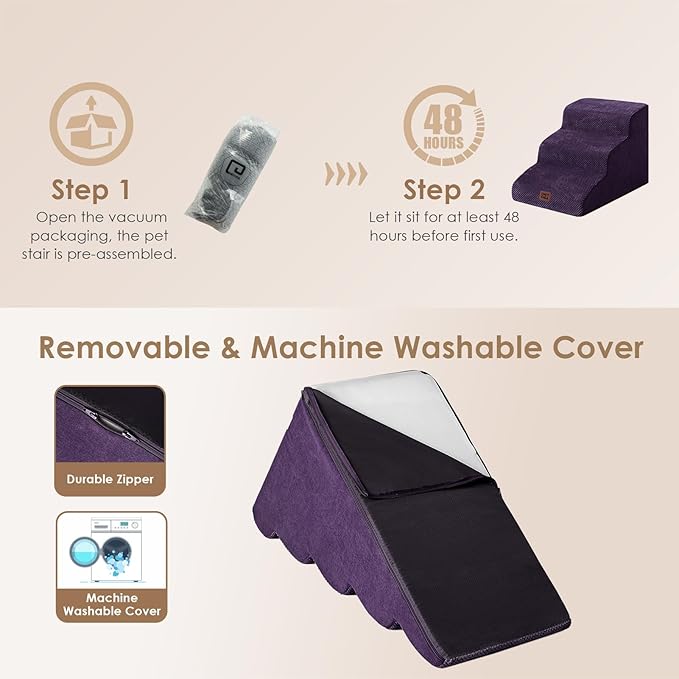 EHEYCIGA Curved Dog Stairs Ramp for Small Dogs 15.7" H, 3-Step Dog Steps for Couch Sofa and Chair, Pet Stairs for Cats, Non-Slip Balanced Pet Steps Indoor, Purple-PurrikoPets