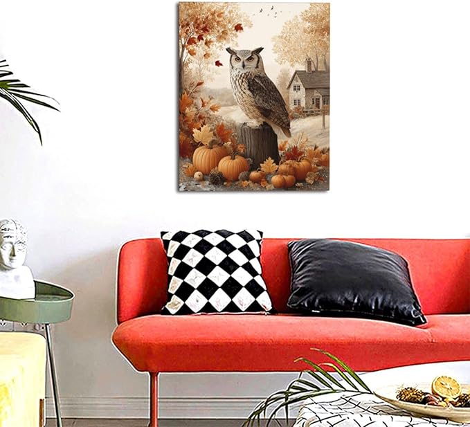 Fall Owl Wall Art Autumn Pumpkin Leaves Wall Decor Rustic Canvas Print Farmhouse Pictures Painting Print Framed Artwork Decorations Gifts for Living Room Bathroom Bedroom Office 16"x20"-PurrikoPets