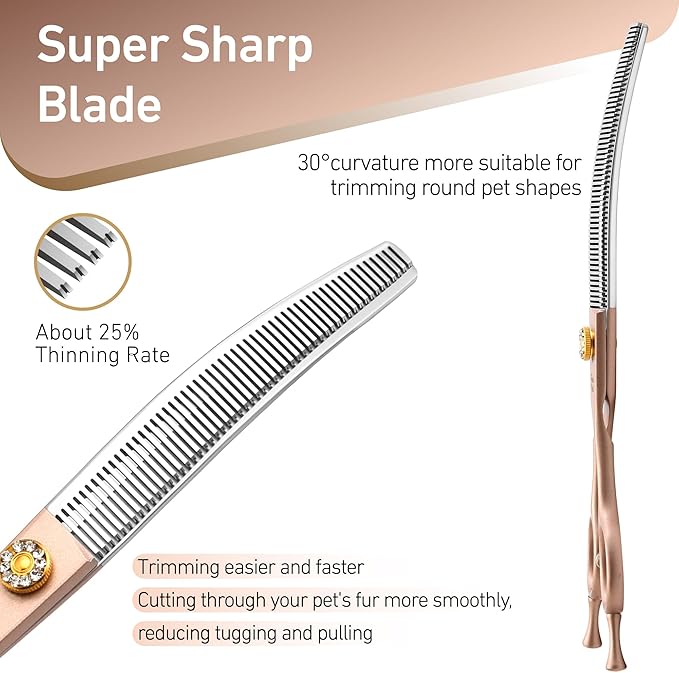 Fenice Peak Professional Curved Thinner Dog Grooming Scissors 7.0'' Rose Gold Thinning Shears Extremely Sharp Blades 440C Stainless Steel Thinning Shears Durable Smooth Fine Cut for Dogs and Cats.-PurrikoPets