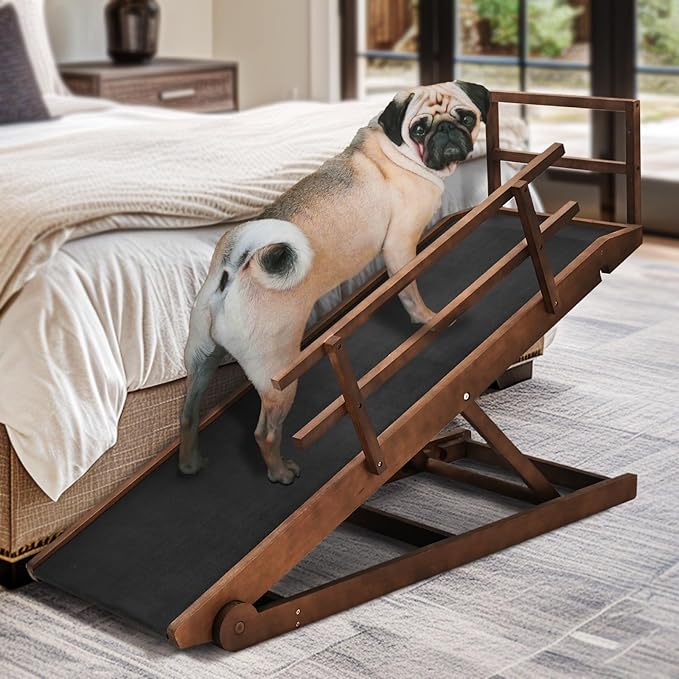 Dog Ramp for Bed, Adjustable Pet Ramps for Dog to Get on Bed, Non-Slip Rubber Surface - Folding Wooden Dog Ramp for Small/Large/Old Dogs, Adjustable up to 23.5 inch High Beds, Safety Railings-PurrikoPets