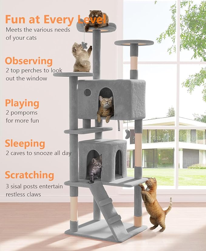 77'' Cat tree Tower for Indoor Cats Large Adult,Cute/Tall Modern Cat Tree for Big Cats 20 lbs,Plush Multi-Level Cat Condo with Scratching Posts,Dangling Ball for fun play(Light Gray, 77 inch)-PurrikoPets