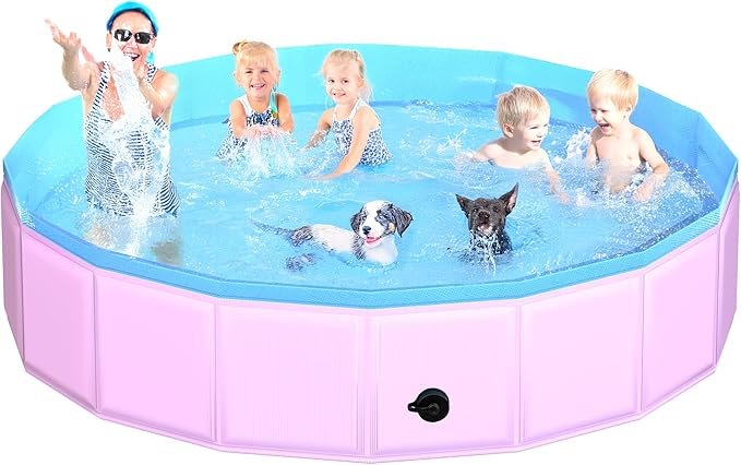2025 Updated Foldable Dog Pool, 97" x 12" Kiddie Pool with Hard Plastic, Non-Slip Dog Bath Tub for Outdoor Backyard, Collapsible Dog Swimming Pool for Kids Dogs Pets (Pink)-PurrikoPets