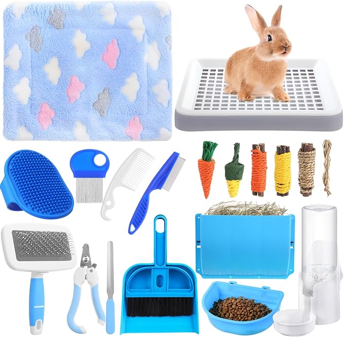 19 Pcs Rabbit Starter Kit Small Bunny Litter Box Animal Grooming Kit Water Bottle Bunny Toys Hay Feeder Bowl Blankets with Cleaning Set for Guinea Pig Rabbit Accessories-PurrikoPets