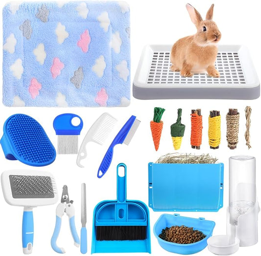 19 Pcs Rabbit Starter Kit Small Bunny Litter Box Animal Grooming Kit Water Bottle Bunny Toys Hay Feeder Bowl Blankets with Cleaning Set for Guinea Pig Rabbit Accessories-PurrikoPets
