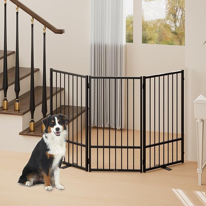 Full Metal Freestanding Dog Gate with Door, 36''Height Foldable Pet Dog Fence for Indoor & Outdoor, 3 Panels Extra Wide Free Standing TallDog Gates for Doorways,House,Stairs,Porch,Deck,Yard-PurrikoPets