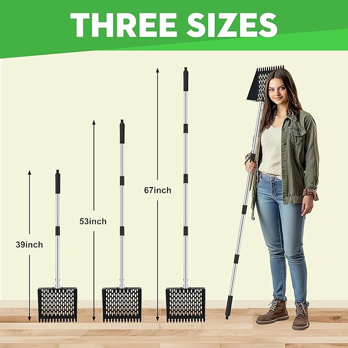 2-in-1 Chicken Poop Scooper & Rake - Adjustable Chicken Coop Scoop with Handle（39、53、67 in），Stainless Steel Shovel Head- Litter Scooper Sand & Sifting Shovel for Chicken Coops-PurrikoPets