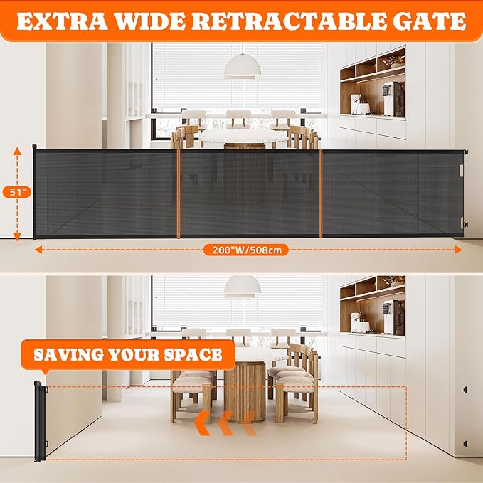 Extra Tall Retractable Baby Gates: 51" Tall Pet Gate, Extend up to 200" Wide, Mesh Baby Gate with Support Rods Jump-Proof Design for Cats & Large Dogs High Dog Cat Door Indoor Outdoor, Black-PurrikoPets