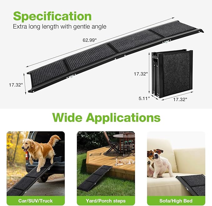 Dog Ramp for Car，63" x 17" Wide Folding Pet Ramp Dog Ramps for Medium & Large Dogs with Non-Slip Rug Surface ，Portable Dog Car Ramp for SUV Car & Truck, Outdoor Dog Ramp Up to 250 LBS-PurrikoPets