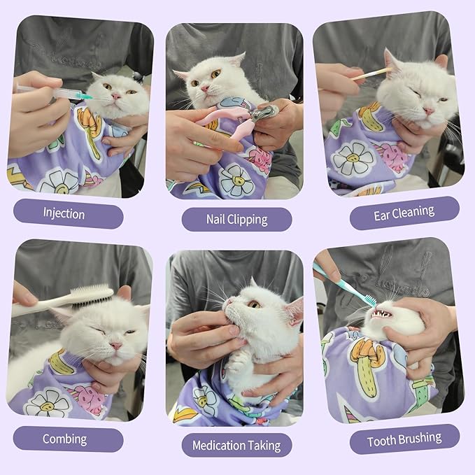 27.6" Cat Grooming Wrap,Self-Adherent Cat Wrap for Cutting Nails,Anti-Escape Cat Swaddle Wrap,Multifunctional Anti-Scratch Cat Restraint Wrap for Medicine,Nail Clipping,Ear Cleaning(Within 15lbs)-PurrikoPets