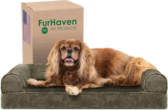Furhaven Cooling Gel Dog Bed for Medium/Small Dogs w/ Removable Bolsters & Washable Cover, For Dogs Up to 35 lbs - Faux Fur & Velvet Sofa - Dark Sage, Medium-PurrikoPets