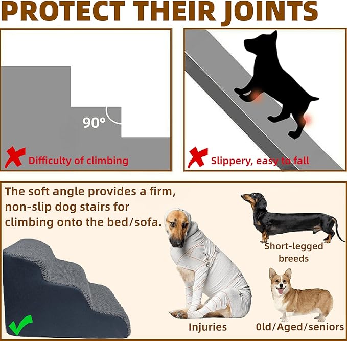 3-Step Dog Stairs for High Beds & Couches Multi-Step Non-Slip Pet Steps with Balanced Ramp Indoor 2 3 4 5 Step Stairs for Small to Large Dogs and Cats Non-Slip Stickers 30D Grey-PurrikoPets
