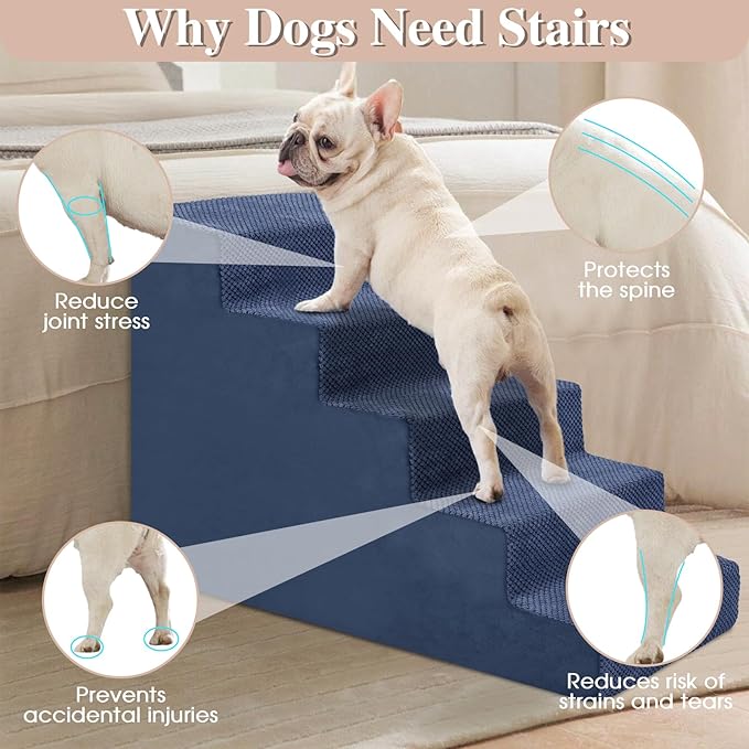 GGIB Dog Stairs for Small Dogs and Cats - Non-Slip Steps for High Bed, Sofa, Couch - Pet Ramp with Removable Washable Cover, Navy, 22" H, 5-Step-PurrikoPets