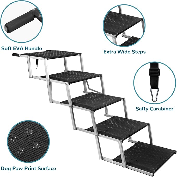 Extra Wide Dog Stairs for Large Dogs,Portable Folding Pet Stairs for Cars,SUV,Trucks,Dog Steps with Non-Slip Surface,Supports Up to 250 lb,5 Steps-PurrikoPets