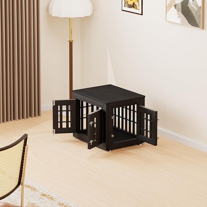 26" Heavy Duty Dog Crate Furniture for Small,Medium and Large Dogs,Rustic Wooden Dog Cage Kennel Indoor Furniture with Waterproof Top,Decorative Pet House Side End Table (Black)-PurrikoPets