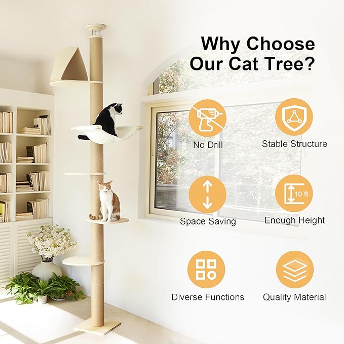 FUKUMARU Floor to Ceiling Cat Tree, 6 Level Adjustable Height (6-10 ft) Climbing Tower with Thickened Scratching Posts, Cats Activity Center with Cozy Hammock - Beige-PurrikoPets