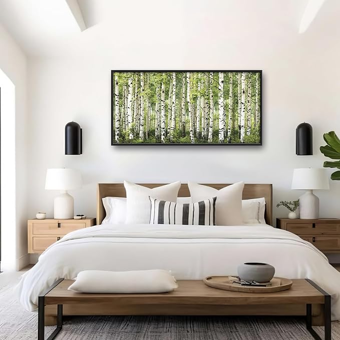Extra Large Birch Tree Framed Wall Art for Living Room,Oversized Green Aspen Trees Forest Pictures Wall Decor,Canvas Print Painting Modern Artwork Bedroom Office Bathroom 60L" x 30W"-PurrikoPets