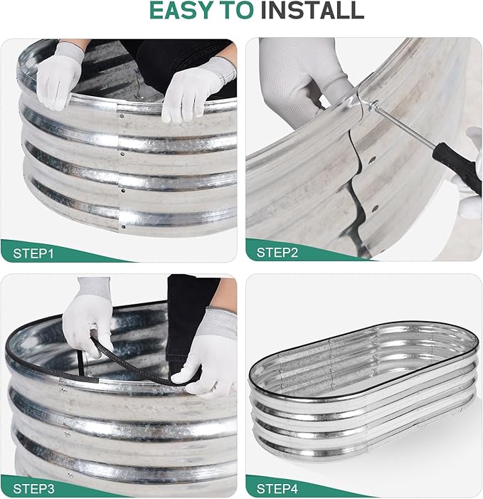 Galvanized Raised Garden Bed - 4×2×1ft (2 Packs) Planter Raised Beds for Gardening | Oval Metal Garden Planter Box with Safety Edging and Gloves for Vegetables Fruits and Flower - Silver-PurrikoPets