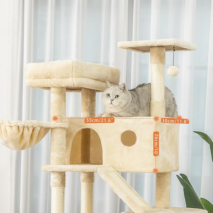 73 inches Large Cat Tree for Indoor Cats, Tall Cat Tower with Sisal Scratching Posts and Pads, Padded Plush Perch, Cozy Basket, Plush Condo for Large Cats (Beige)-PurrikoPets
