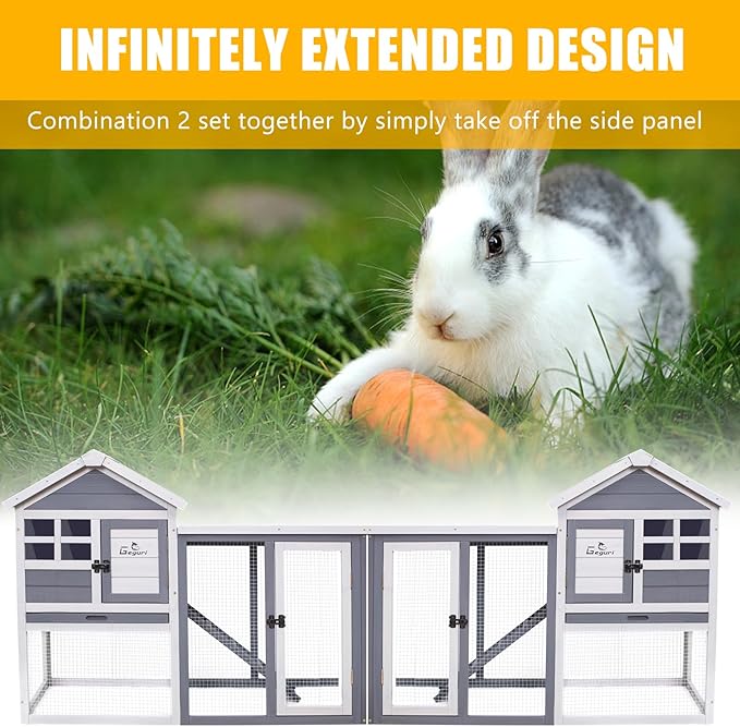 GEGURI Large Rabbit Hutch Indoor Outdoor Chicken Coop Wooden Bunny Cage with Waterproof Roof (48''L x 24''W x 36''H Grey)-PurrikoPets