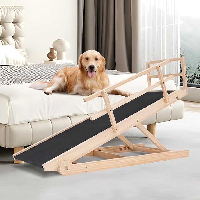ABORON Antislip Wooden Dog Ramp for High Bed Couch Car, 5-Level Adjustable Folding Pet Ramp for Small & Large Old Dogs & Cats, 17.7" Extra Wide 51" Long, Rubber Mat, Supports up to 200 lbs-PurrikoPets