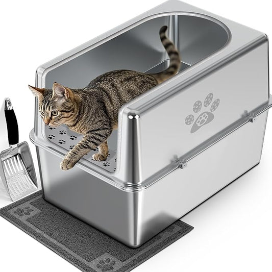 Enclosed Stainless Steel Cat Litter Box with Lid, XL Metal Litter Box for Big Cats, Extra Large Cat Toilet with High Side, Non-Stick, Anti-Leakage, Odorless, with Cats Litter Mat & Litter Scoop-PurrikoPets