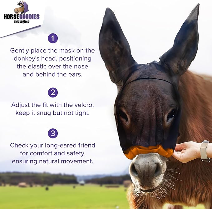 Donkey Fly Mask with Long Ears (Purple) Made in USA - Mule Fly Mask with Ears Protection from Insects and Bugs, Mini Donkey Soft Mesh Fabric with Adjustable Fastener, Face Cover Supplies for Donkeys-PurrikoPets