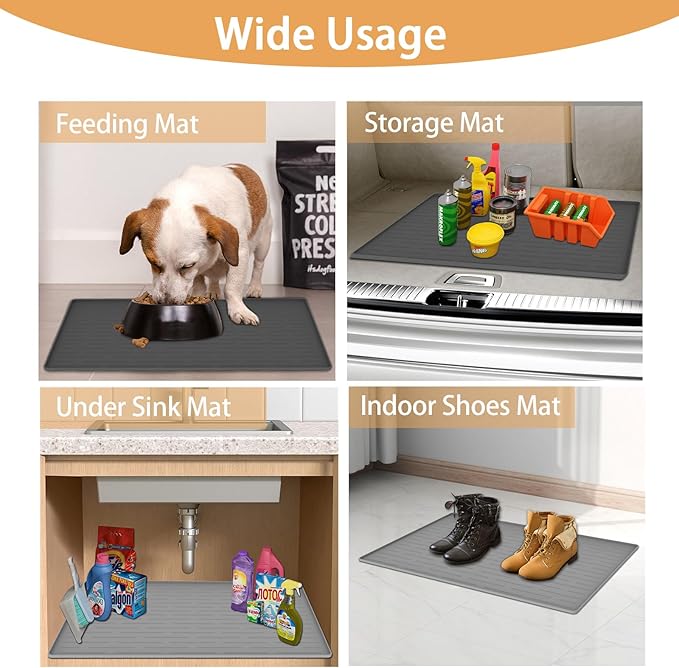 18" x 12" Dog Food Mat, Silicone Pet Mats for Food and Water, Nonslip Pet Feeding Mats for Floors, Dog Cat Bowl Mat with Raised Edges, Light Gray-PurrikoPets