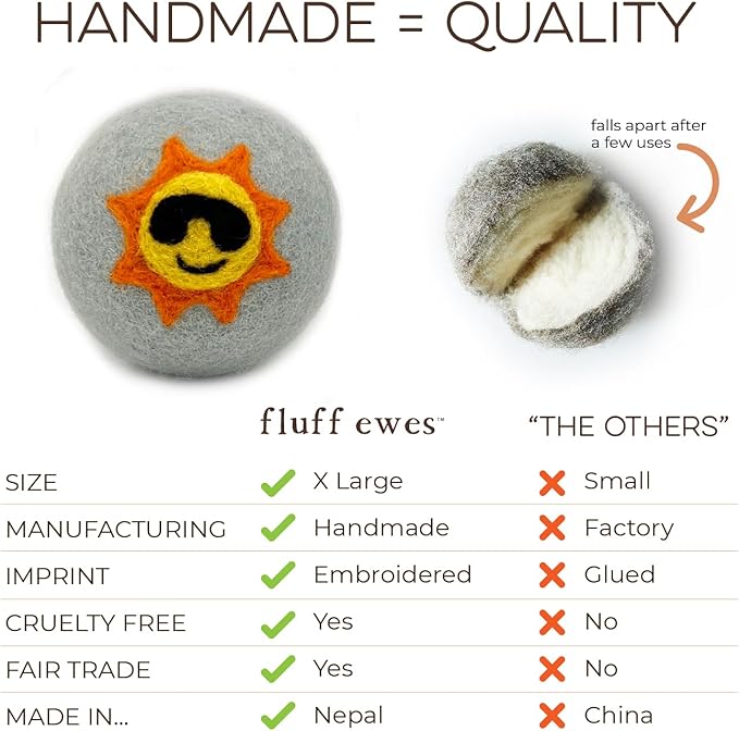 Fluff Ewes Wool Dryer Balls 6 Pack Premium New Zealand Wool Laundry Balls for Dryer, No Static Dryer Balls Laundry Reusable, XL Wool Dryer Balls Cute, Baby Dryer Balls for Dryers - Fun in The Sun-PurrikoPets