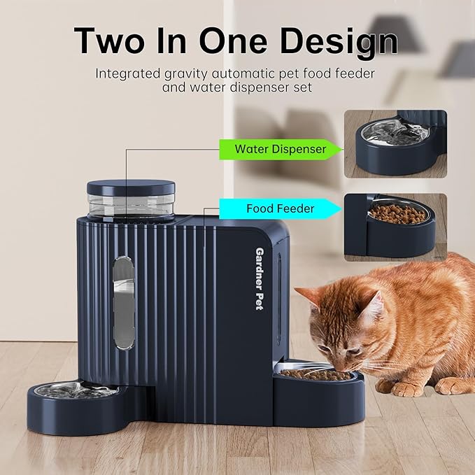 Gardner Pet Automatic Gravity Cat Food Feeder and Water Dispenser Stainless Steel Two-in-One Set Large Capacity Dispenser for Pets Dogs, Puppies, Kittens-PurrikoPets
