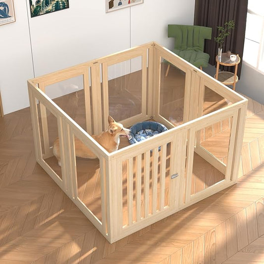 8 Panels Dog Playpen with Door, 23.6" H Pet Playpen Indoor, Clear Acrylic Puppy Playpens, Wooden Puppy Fence with Gate, Transparent Dog Pens, Pet Pen Indoor for Dogs, Cats, Rabbit, Small and Medium-PurrikoPets