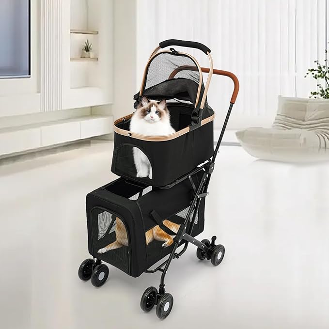 Foldable Pet Stroller for Small & Medium Dogs, Double Dog & Cat Stroller with 3-in-1 Travel System, Detachable Pet Carrier with Wheels for Cats and Dogs up to 77 lbs, Black-PurrikoPets