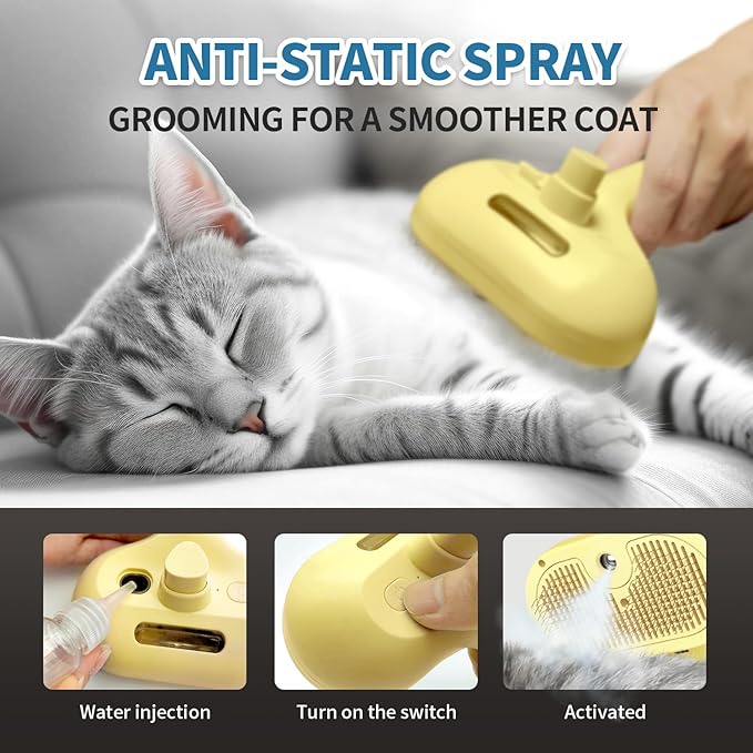 3 In 1 Self-Cleaning Steamy Brush for Pet Grooming - Anti-Static Flying Hair Spray, Removes Loose Hair and Reduces Shedding for Long and Short Fur, Yellow-PurrikoPets