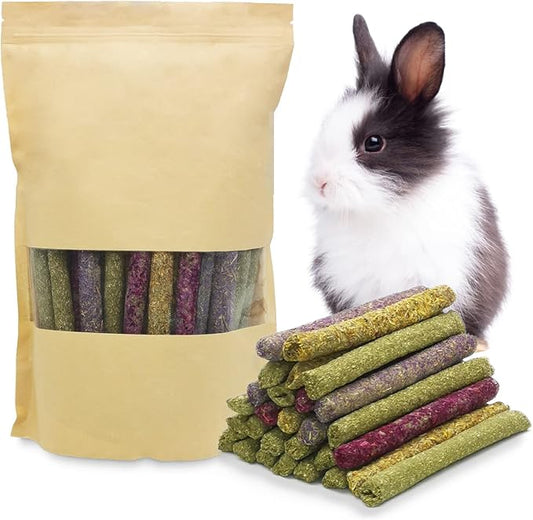 Fhiny 68 PCS Rabbit Chew Sticks, Natural Petals Timothy Hay Sticks Guinea Pig Chewing Toys for Teeth Small Animals Molar Snacks for Bunny Guinea Pig Chinchilla Hamster-PurrikoPets