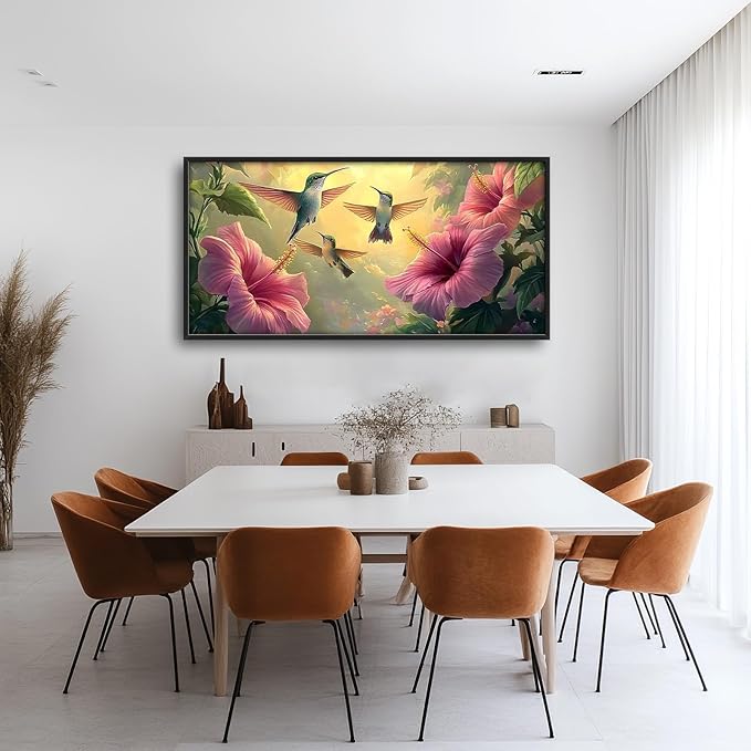 Framed Large Hummingbird Wall Art for Living Room, Oversized Rustic Bird Flower Wall Decor Floral Canvas Painting Nature Sunrise Pictures Modern Artwork for Bedroom Office Dinging Room 60"x30"-PurrikoPets