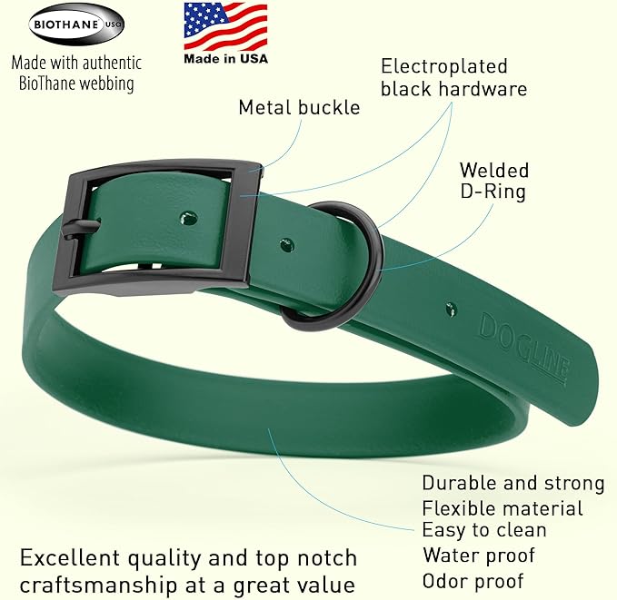 Dogline Biothane Waterproof Dog Collar Strong Coated Nylon Webbing with Black Hardware Odor- Proof for Easy Care Easy to Clean High Performance Fits Small Medium or Large Dogs, Hunter Green-PurrikoPets