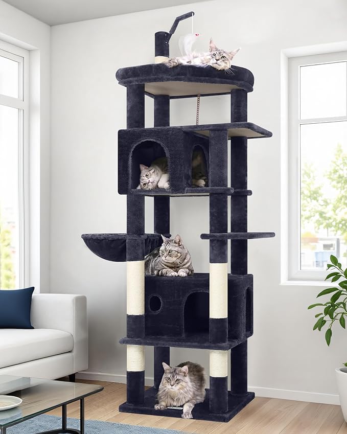 Globlazer Large Cat Tree Tower, Tall Cat Tree Condos for Indoor Cats Large Adult Cat Climbing Tower with 2 Spacious Caves, Oversized Top Perch, Big Hanging Basket, Cat Teaser Wand, F74B, Dark Grey-PurrikoPets