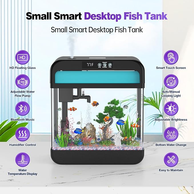 Fish Tank 2.2 Gallon Fish Aquarium with Music Humidifier 7 Color Auto-Looping Light Adjustable Water Pump with Filtration & Aeration & Circulation, Temperature Display, Bottom Water Changer-PurrikoPets