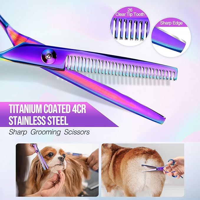 Gimars Dog Grooming Scissors Kit Professional 4CR with Safety Round Tip, 5 in 1 Heavy Duty Titanium Coated Thinning & Curved & Straight Shears-PurrikoPets