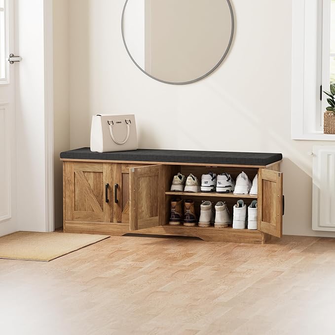 2-Tier Storage Bench, Shoe Bench with Padded Seat Cushion, Entryway Bench with 4 Barn Doors, Adjustable Shelf, 13.8" D x 47.2" W x 17.7" H, for Entryway, Living Room, Bedroom, Rustic Walnut-PurrikoPets