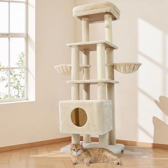 Gardner Pet 65in Heavy Duty Cat Tree Tower for Large Cats, Multi-Level Cat Furniture with Replaceable Sisal Scratching Post, Hammock | Extra-Large Platform & Condo (Beige)-PurrikoPets