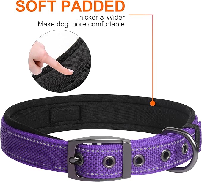 Fida Heavy Duty Dog Collar, Ultra Comfortable Soft Neoprene Padded, Adjustable Reflective Nylon Pet Collar with Durable Metal Belt Buckle for Large Breeds (L, Purple)-PurrikoPets