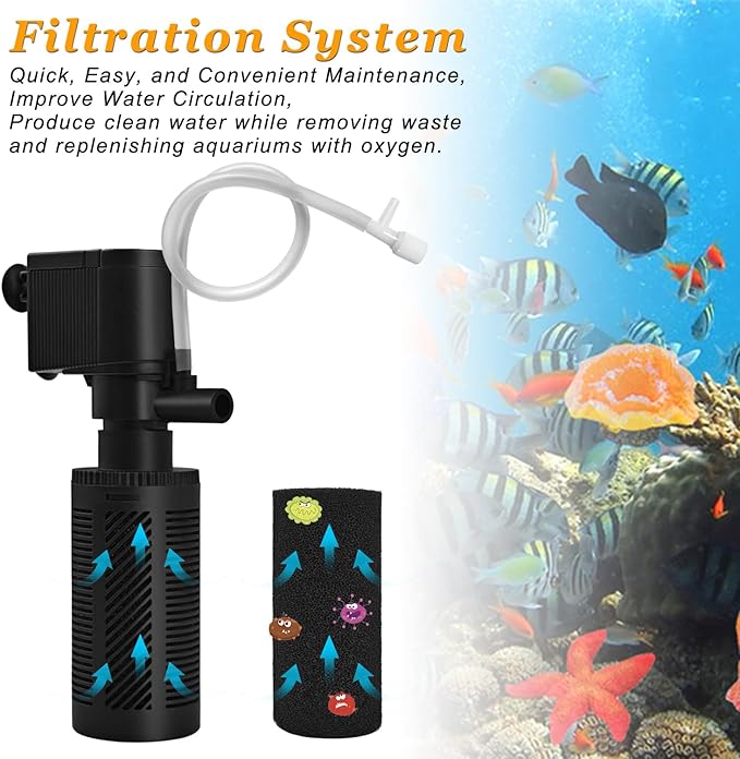 DOMICA Small Aquarium Filter with Aeration System 92GPH 5W Internal Filter for 3 to 10 Gallons Fish Tank, Submersible Fish Tank Filter with 4-pack Pre-filter Sponge-PurrikoPets