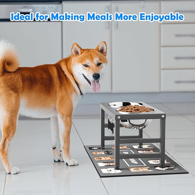 Elevated Dog Bowls, 10" Tall Height, Raised Bowl Stand with 2 Stainless Steel Food Feeder Bowls (58oz) and Spill-Proof Mat for Medium Large and Small Breeds, Grey-PurrikoPets