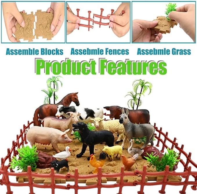 Farm Animal Figurines, Realistic Plastic Animals Toys with Fences Building Blocks, Farm Figures Playset Educational Birthday Gift for Kids & Toddlers, 53 PCS-PurrikoPets