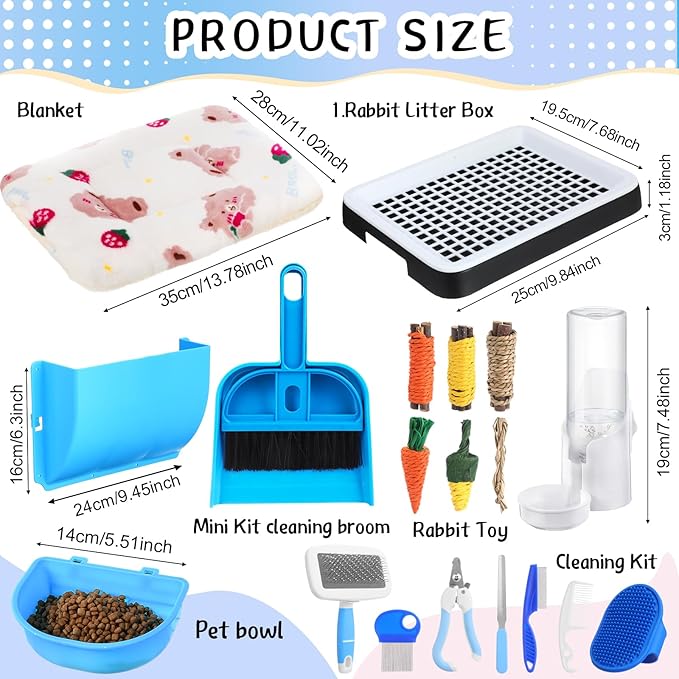 19 Pcs Rabbit Starter Kit Small Bunny Litter Box Rabbit Grooming Kit Water Bottle Bunny Toys Hay Feeder Bowl Blankets with Cleaning Set for Guinea Pig Accessories(Black,Cloud)-PurrikoPets