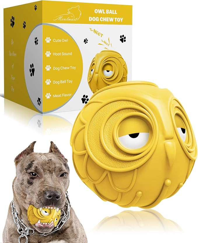 Giggle Ball for Dogs Owl Toys for Puppy Interactive Dog Toy Medium Large Dogs Natural Rubber Cute Hoot Fun Gift for Dog (Yellow Owl)-PurrikoPets